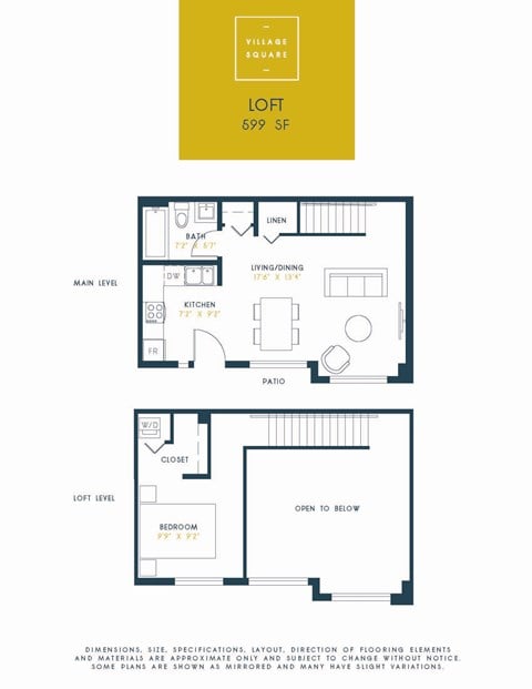Floor plan for 1 bed, 1 bath, 570 sqft